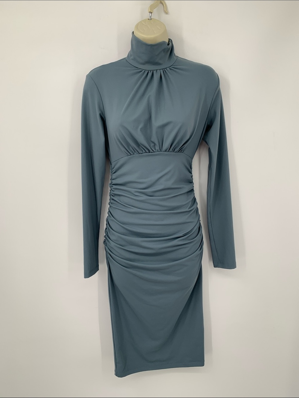 Susana Monaco mock neck midi jersey knit dress bodycon blue gray ruching new S